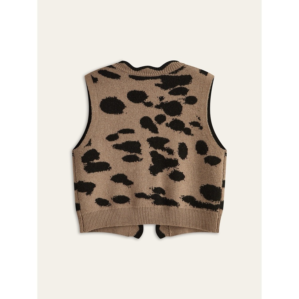 Commense NWT Leopard Print Knit Cardigan Vest Size Medium Brown Black Scalloped - Picture 2 of 7